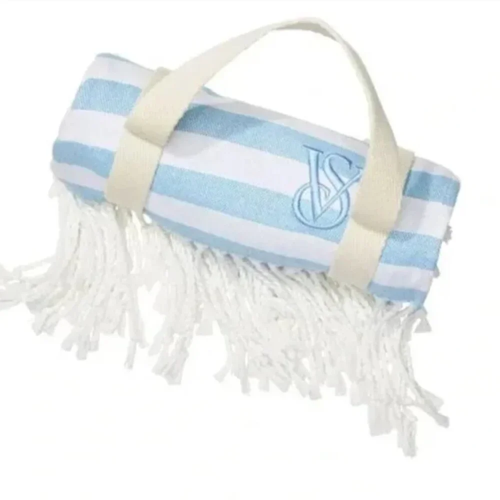 Victoria’s Secret Beach Towel Blanket | Blue & White Striped | With Carry Holder